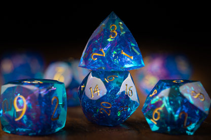 Amethyst Nebula Diamond Cut Resin Dice Set – Sharp Edge DND, Polyhedral RPG