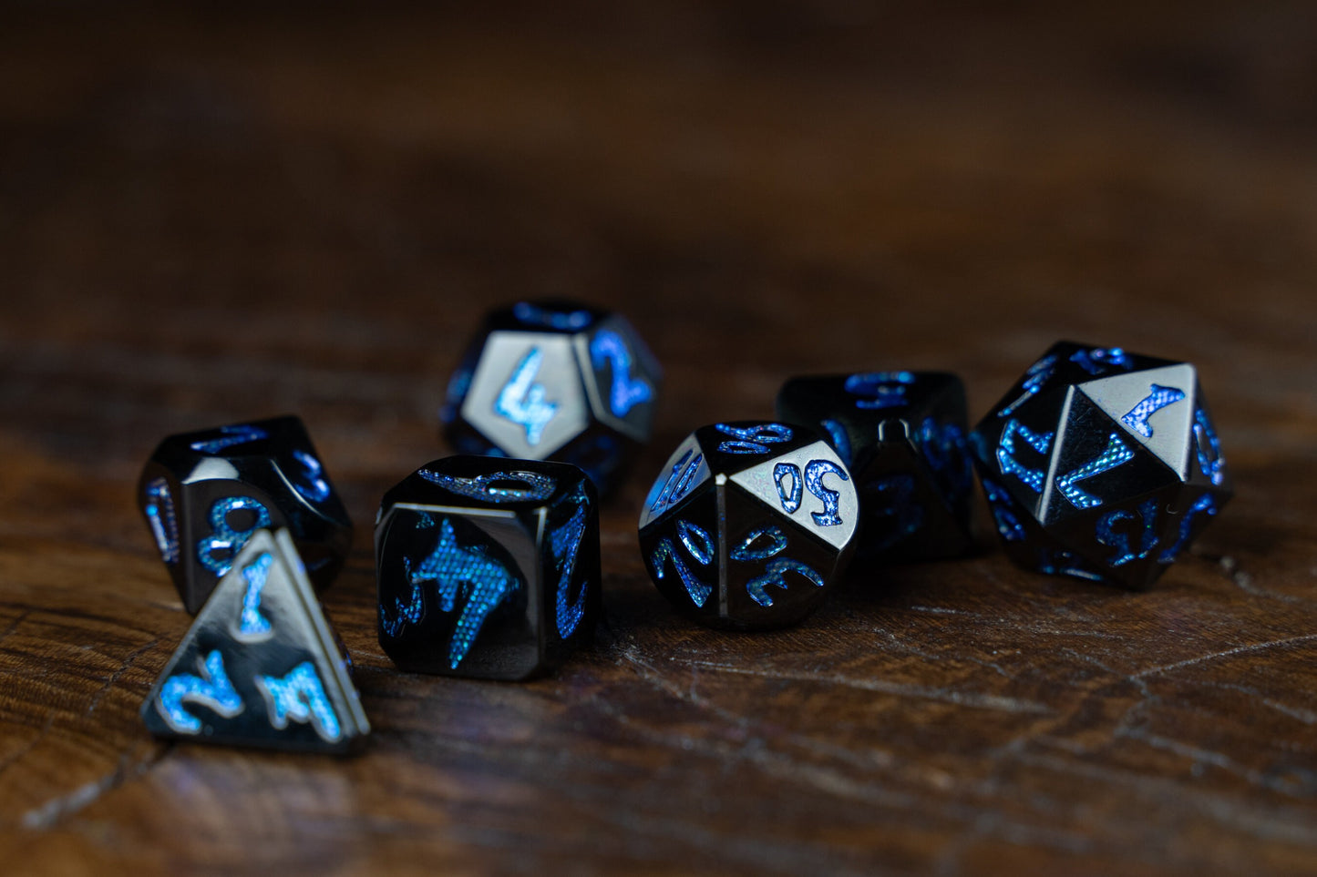 Divine Smite Metal Dice Set: Dragon Scale Polyhedral DnD Dice - Premium Black and Blue Dice Set for Dungeons and Dragons