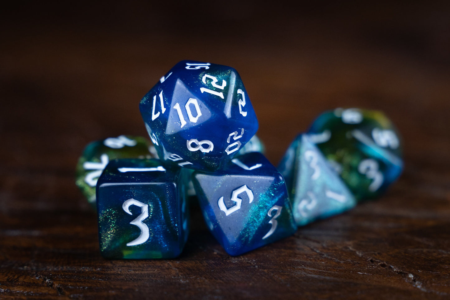 Boils of Alchemy Blue Dice Set: Glittering Blue Polyhedral DnD Dice for Magical Gameplay