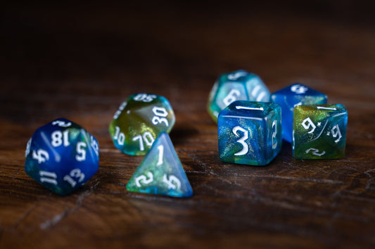 Boils of Alchemy Blue Dice Set: Glittering Blue Polyhedral DnD Dice for Magical Gameplay