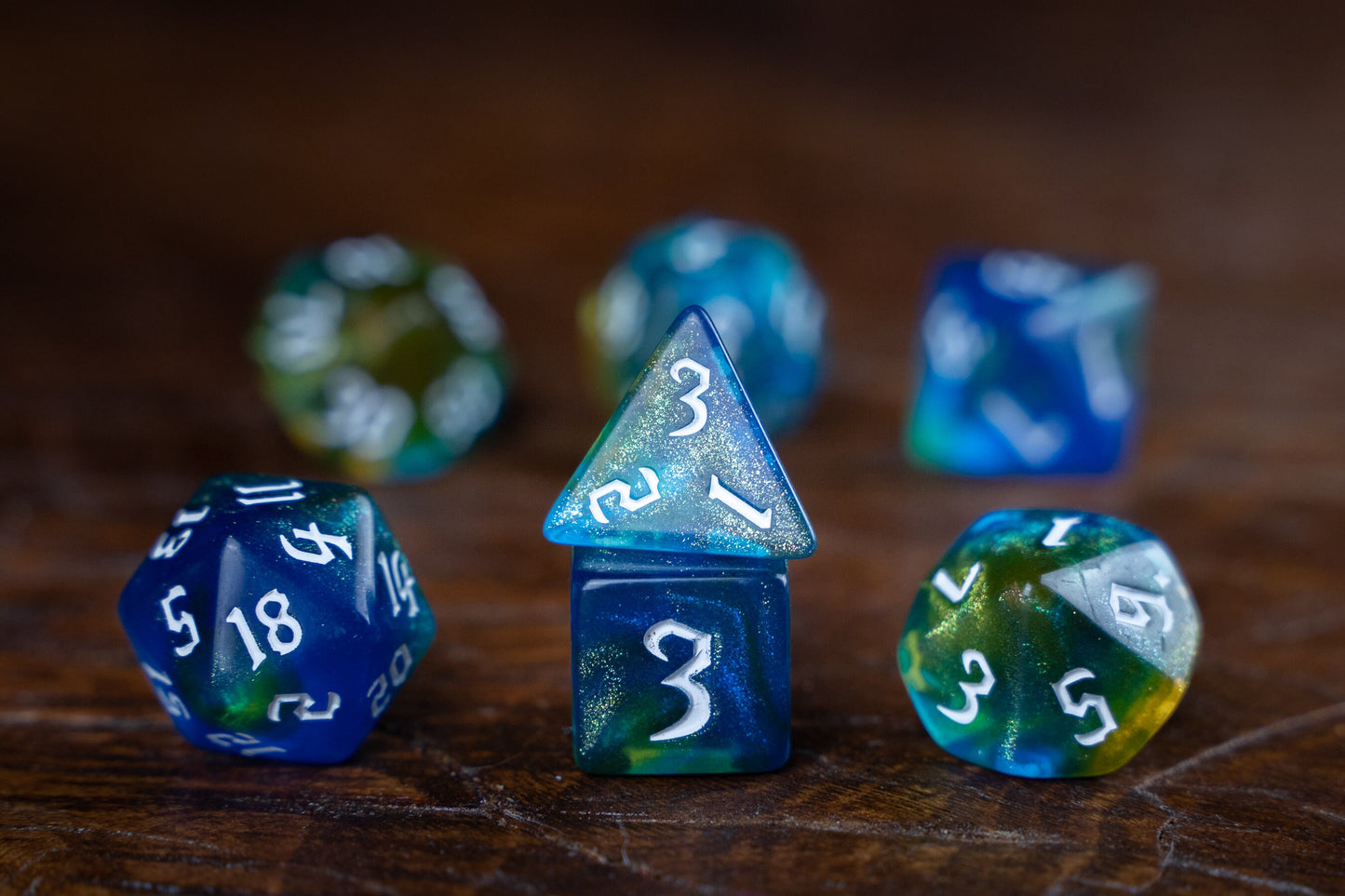 Boils of Alchemy Blue Dice Set: Glittering Blue Polyhedral DnD Dice for Magical Gameplay