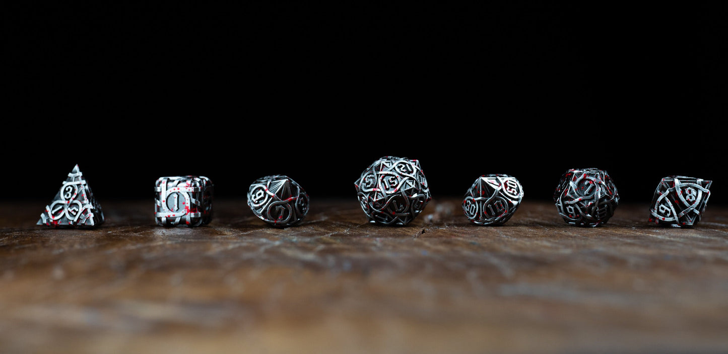 Blood Splatter Metal Dice Set: Premium Blood Hunter Polyhedral DnD Dice - High-Quality Metal Dice for Dungeons and Dragons