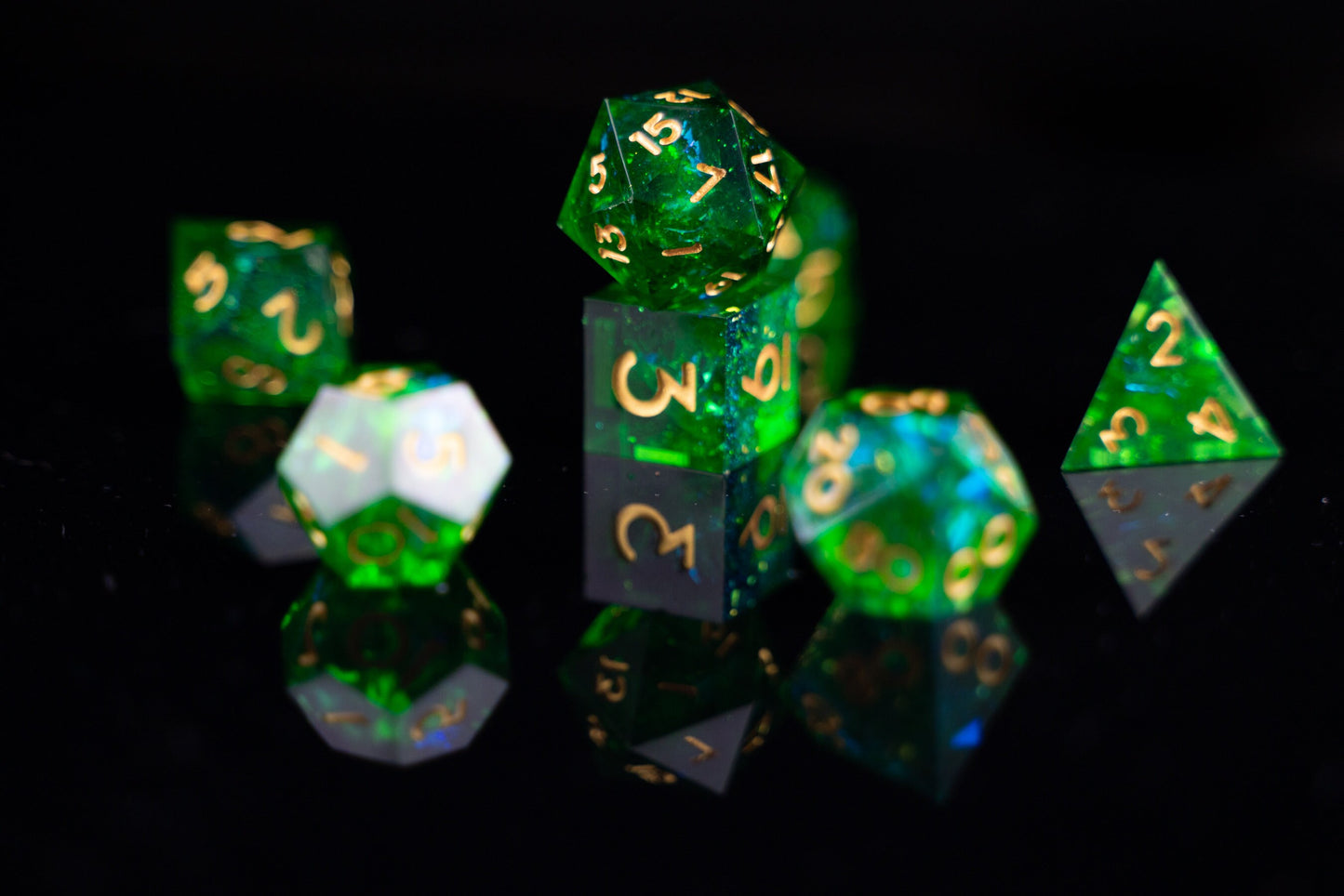 Dragon's Breath Green Sharp Edge Dice Set: Premium Resin Polyhedral DnD Dice for Dungeons & Dragons