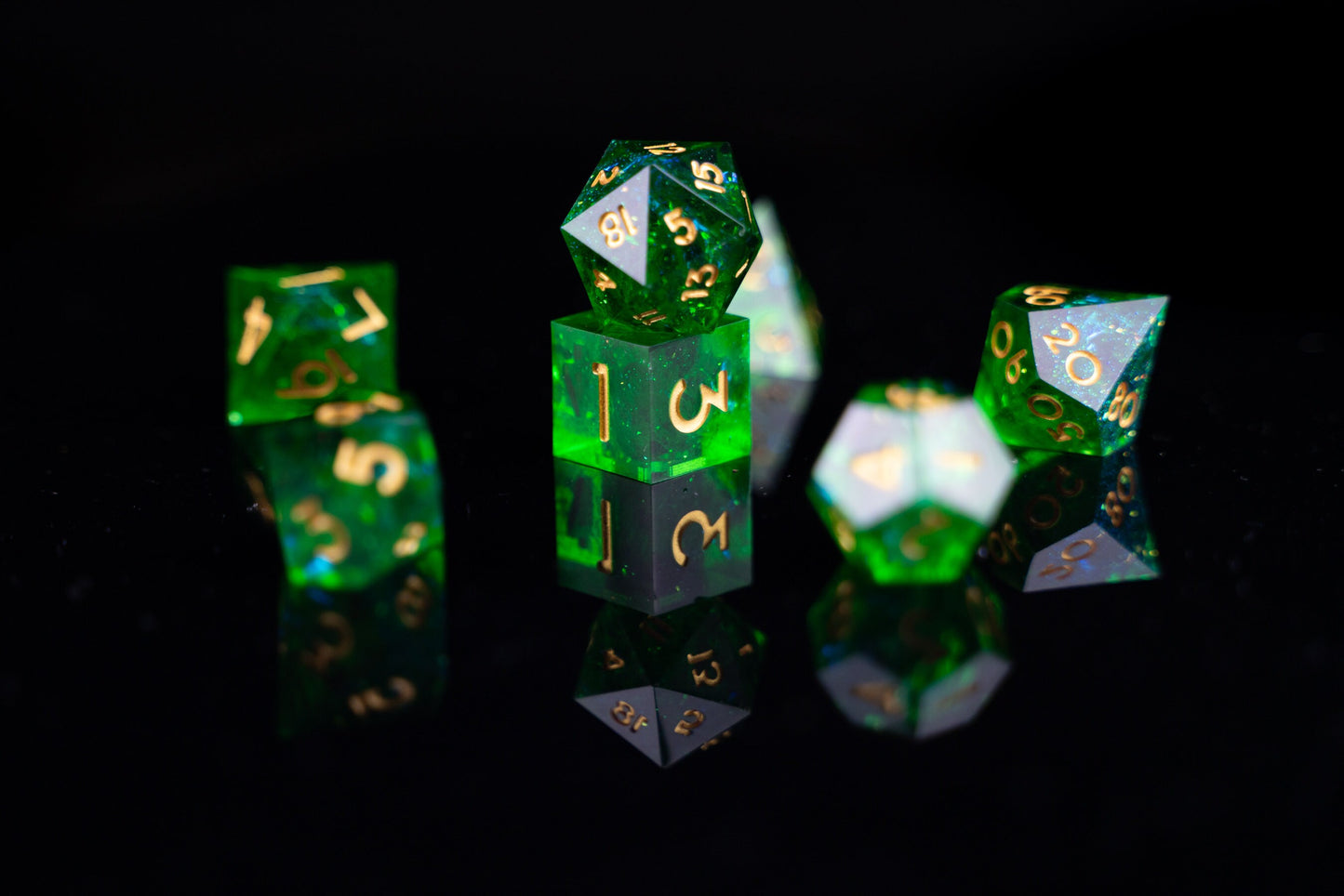 Dragon's Breath Green Sharp Edge Dice Set: Premium Resin Polyhedral DnD Dice for Dungeons & Dragons