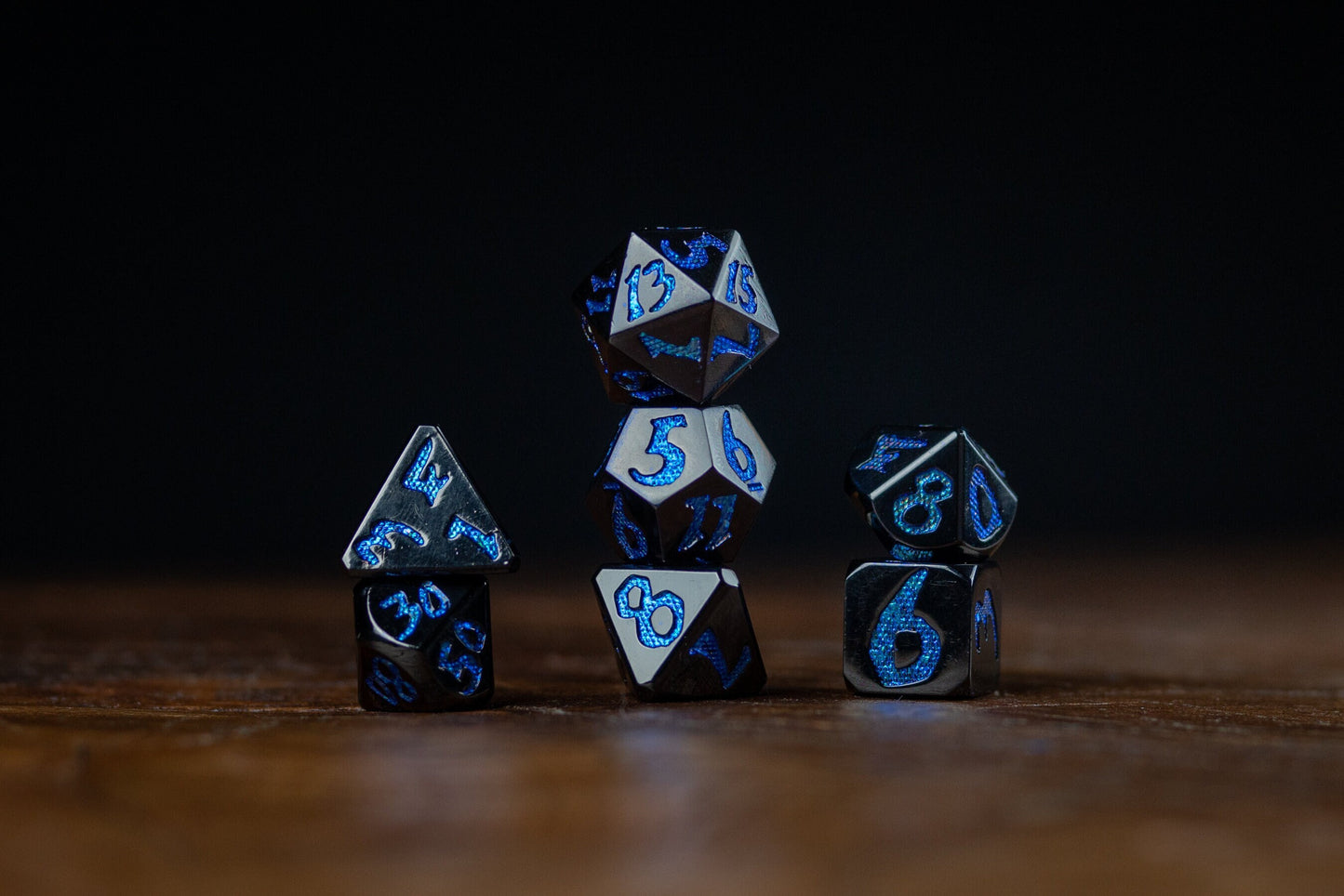 Divine Smite Metal Dice Set: Dragon Scale Polyhedral DnD Dice - Premium Black and Blue Dice Set for Dungeons and Dragons