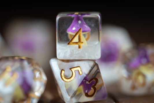 Shroom of Doom Purple Mushroom Dice Set: Cute Polyhedral DnD Dice for Druids - Unique Gift for Dungeons and Dragons Players