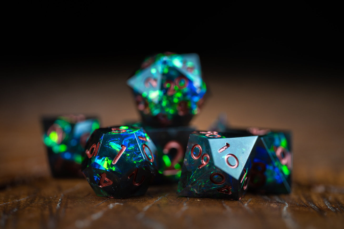 Emerald Nebula Space Dice Set: Sharp Edge Polyhedral D&D Dice in Green Galaxy Resin