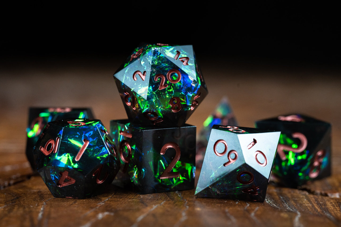 Emerald Nebula Space Dice Set: Sharp Edge Polyhedral D&D Dice in Green Galaxy Resin