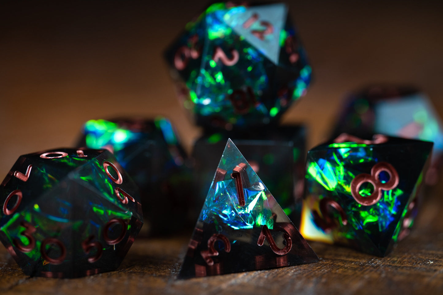 Emerald Nebula Space Dice Set: Sharp Edge Polyhedral D&D Dice in Green Galaxy Resin