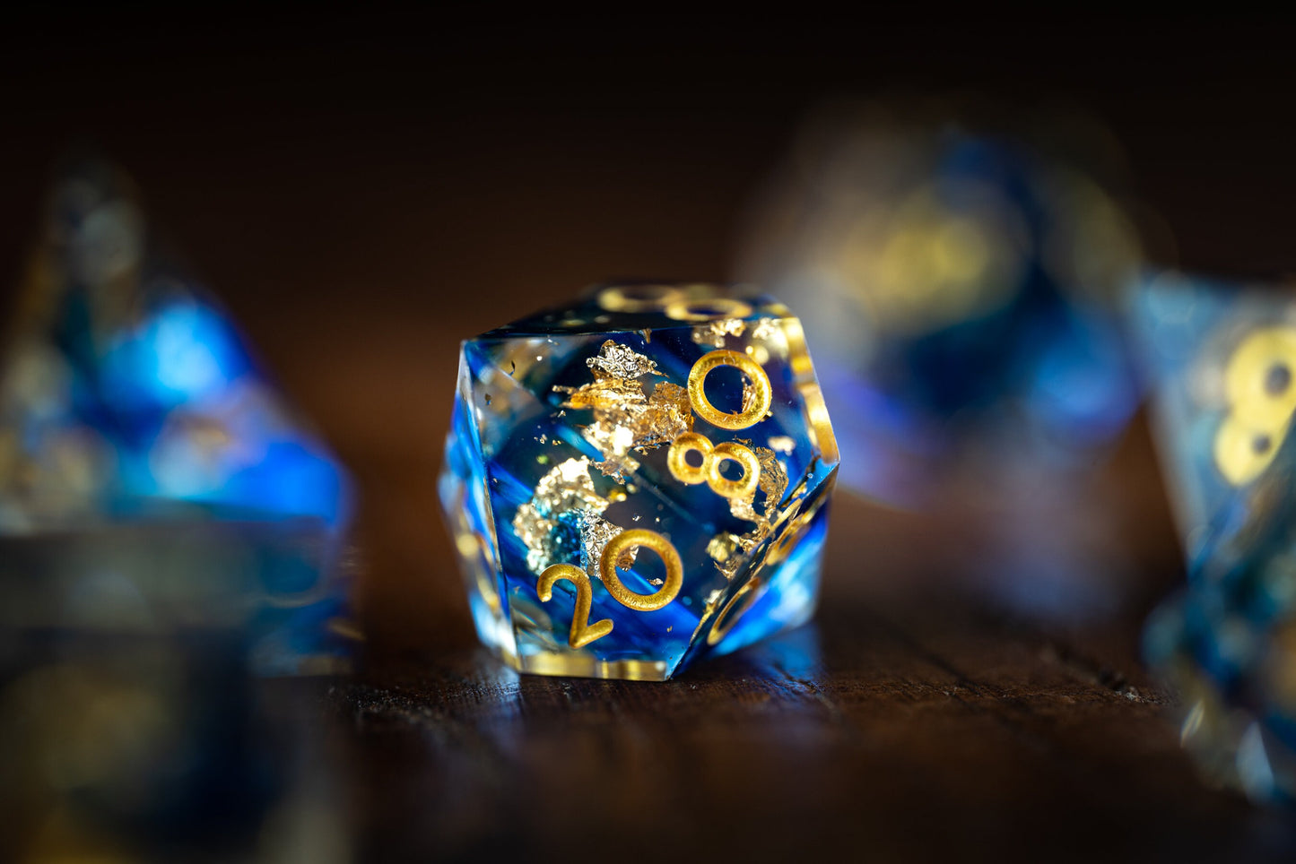 Starry Night Polyhedral Space Dice Set: Sharp Edge Resin Glitter Dice for DnD in Blue and Gold