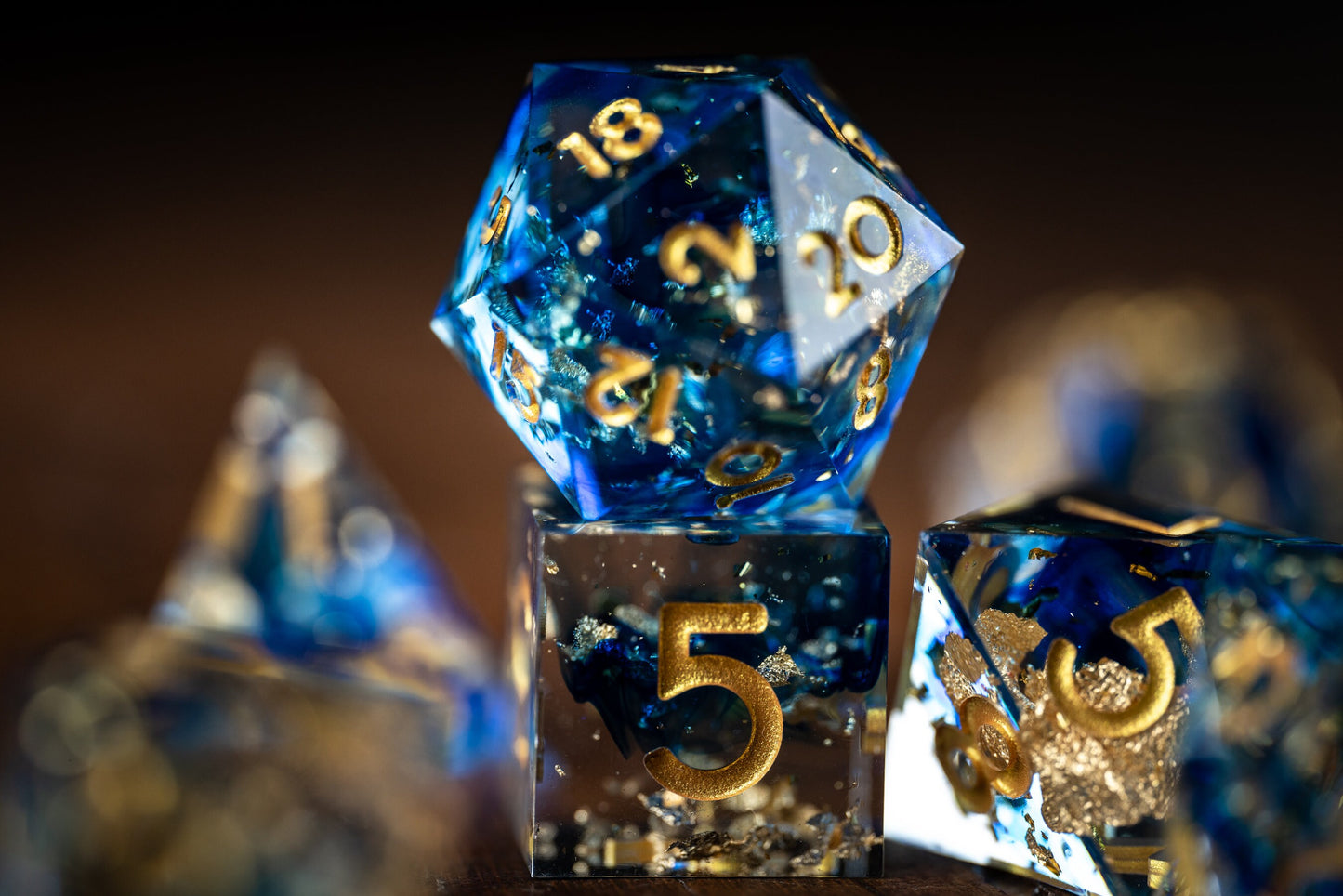 Starry Night Polyhedral Space Dice Set: Sharp Edge Resin Glitter Dice for DnD in Blue and Gold