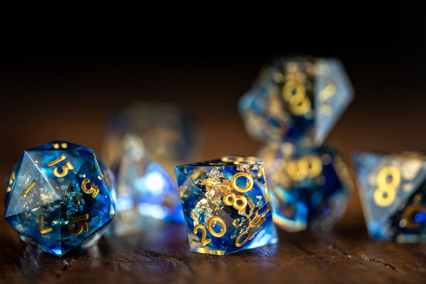 Starry Night Polyhedral Space Dice Set: Sharp Edge Resin Glitter Dice for DnD in Blue and Gold