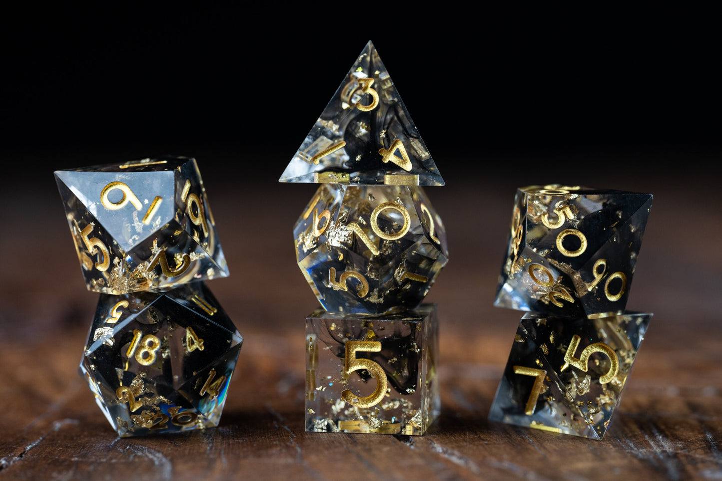 Galaxy Glitter: Polyhedral Dice Set for DnD & TTRPG - Sharp Edge Resin Dice in Black and Gold