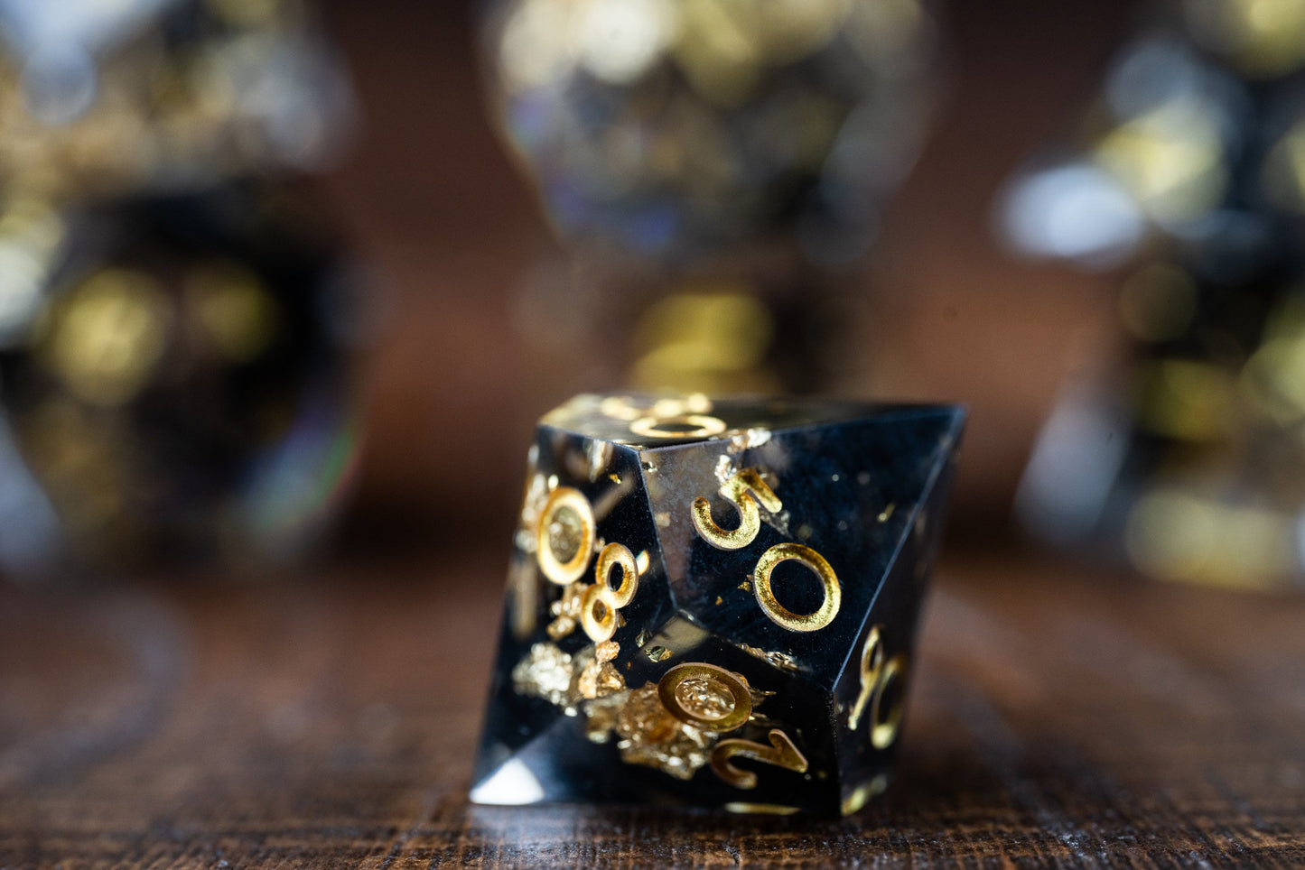 Galaxy Glitter: Polyhedral Dice Set for DnD & TTRPG - Sharp Edge Resin Dice in Black and Gold