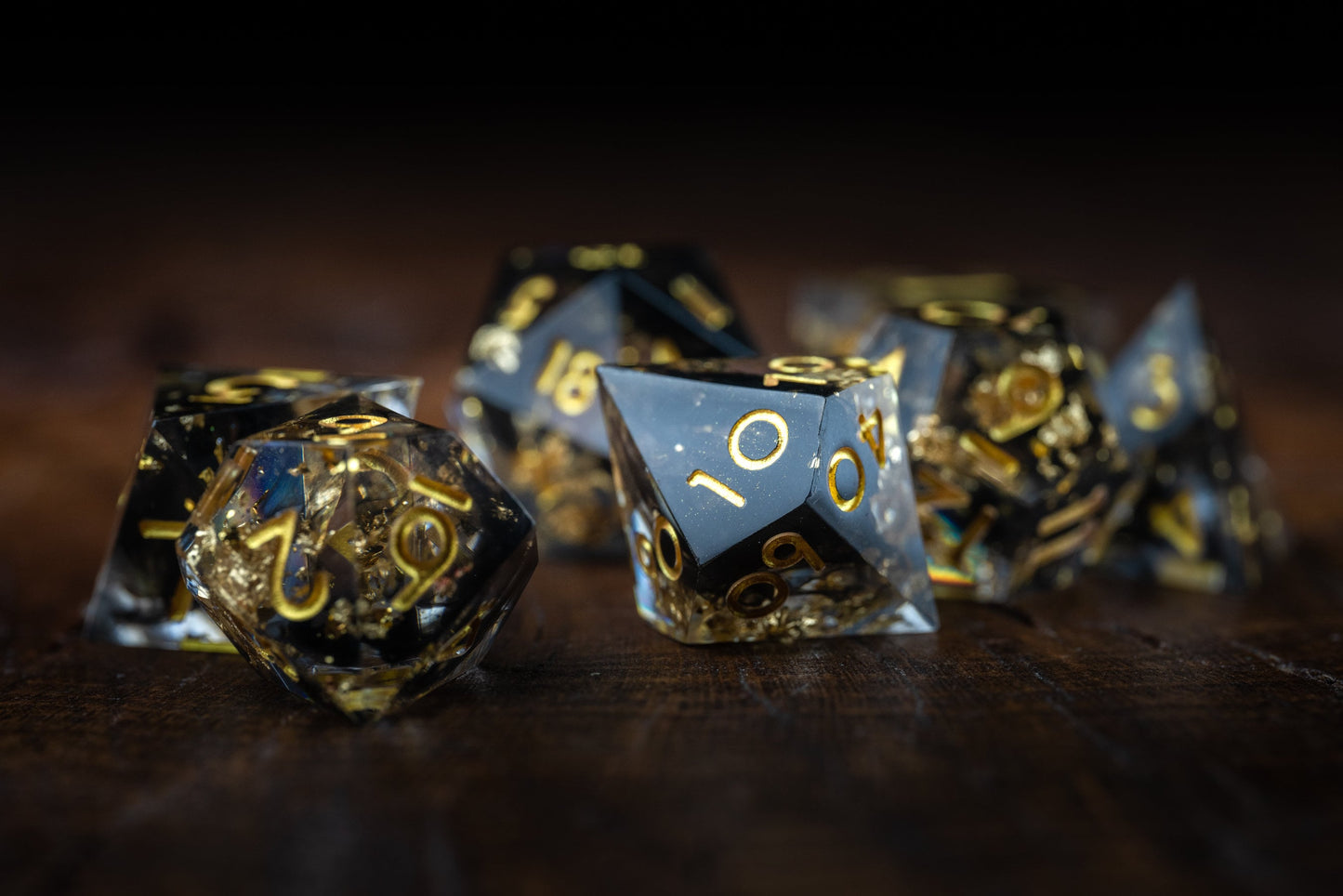 Galaxy Glitter: Polyhedral Dice Set for DnD & TTRPG - Sharp Edge Resin Dice in Black and Gold