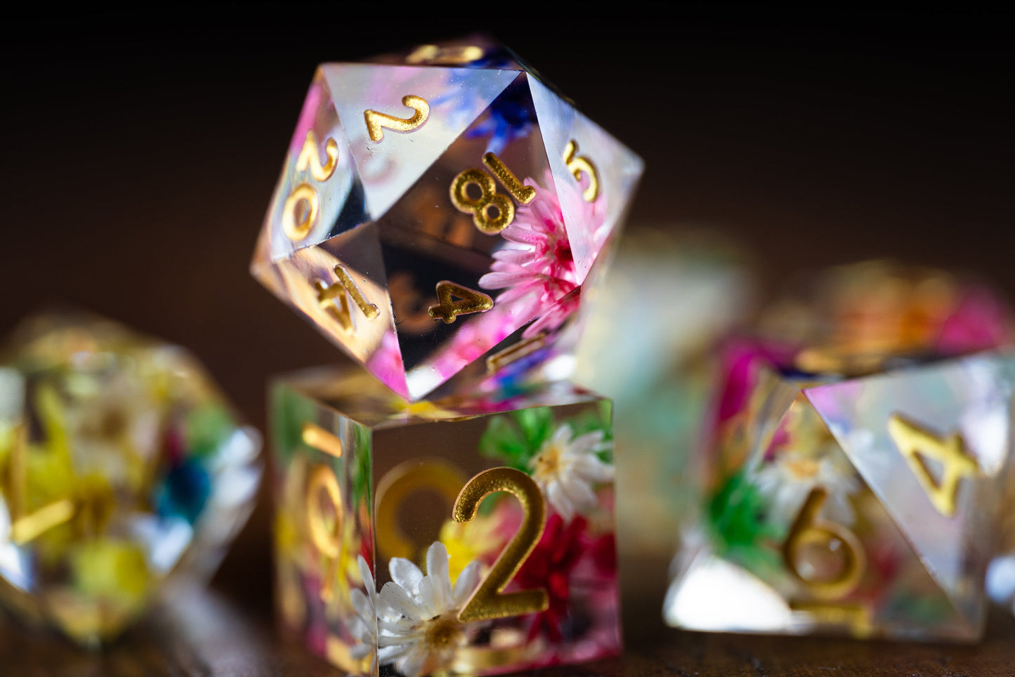 Floral Fates Flower Dice Set: Sharp Edge Polyhedral DnD Dice with Floral Design - Premium Resin Dice for Dungeons & Dragons