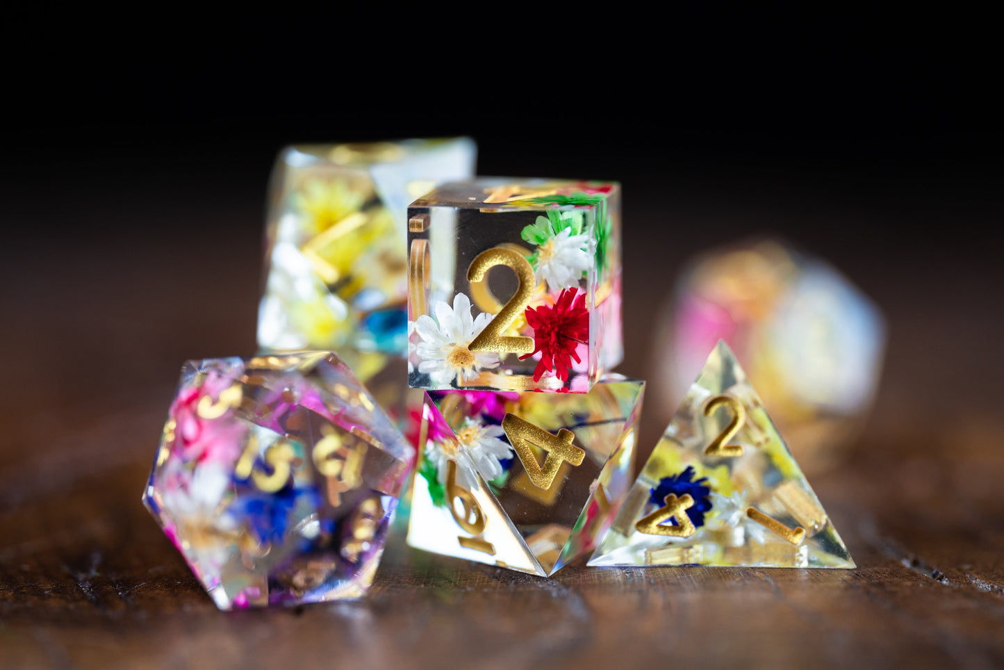 Floral Fates Flower Dice Set: Sharp Edge Polyhedral DnD Dice with Floral Design - Premium Resin Dice for Dungeons & Dragons