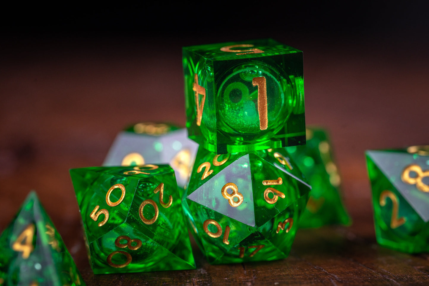 Galactic Emerald Liquid Core Dice Set: Green Space Dice with Sharp Edges and Glitter - Premium Polyhedral DnD Dice for Dungeons and Dragons