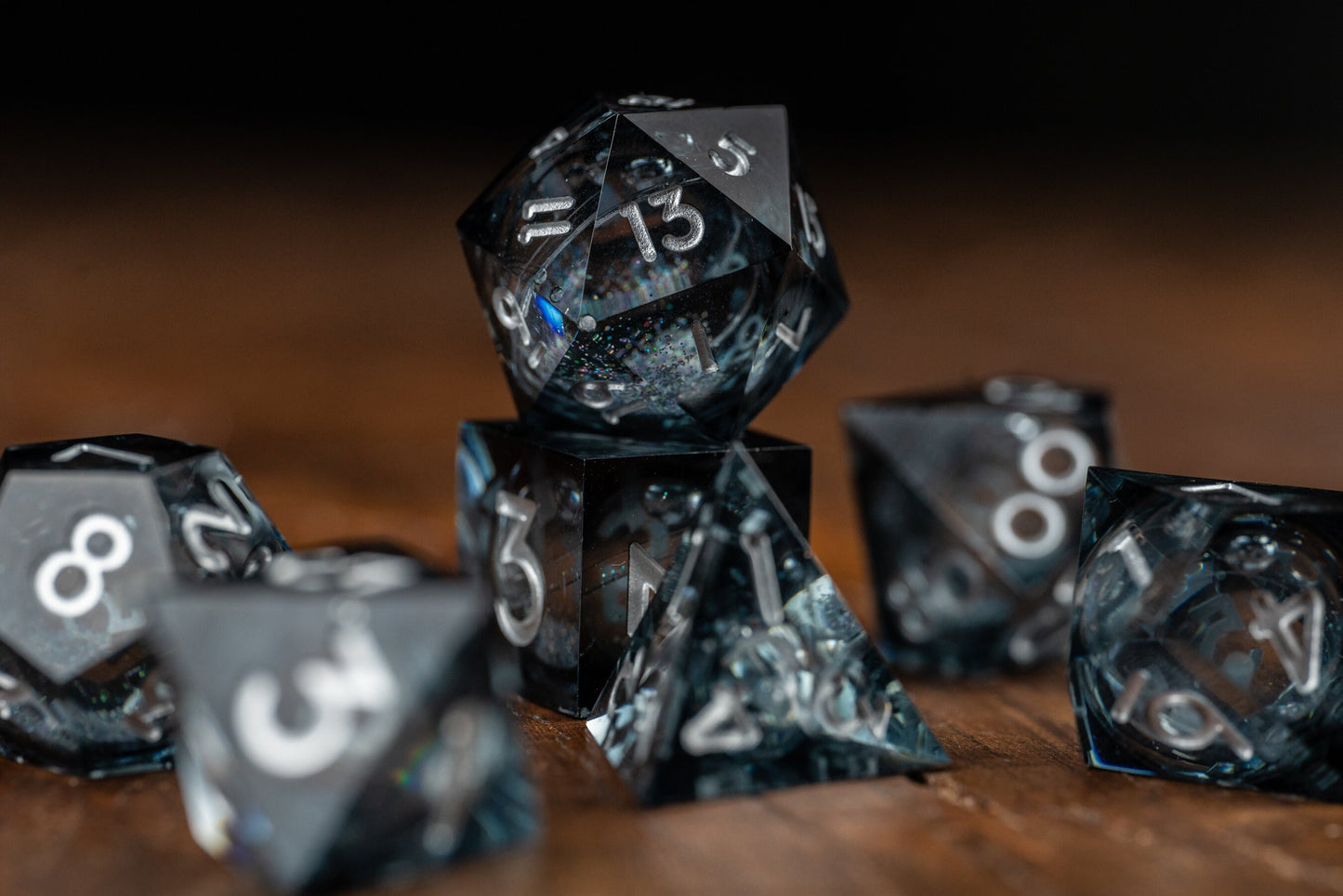 Shadow Nebula Black Dice Set: Sharp Edge Polyhedral Liquid Core Dice with Glitter - Premium Space DnD Dice for Dungeons and Dragons