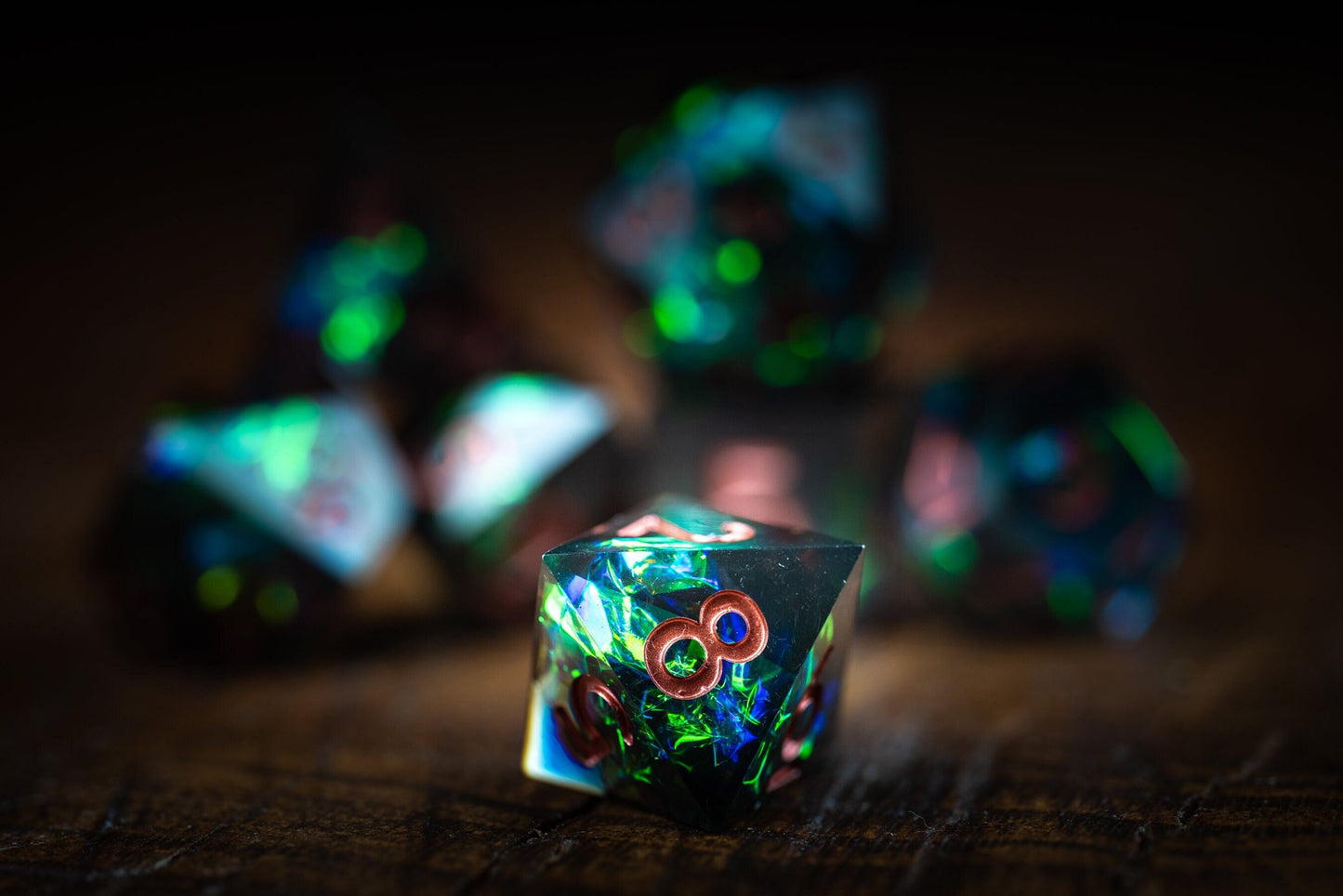 Emerald Nebula Space Dice Set: Sharp Edge Polyhedral D&D Dice in Green Galaxy Resin