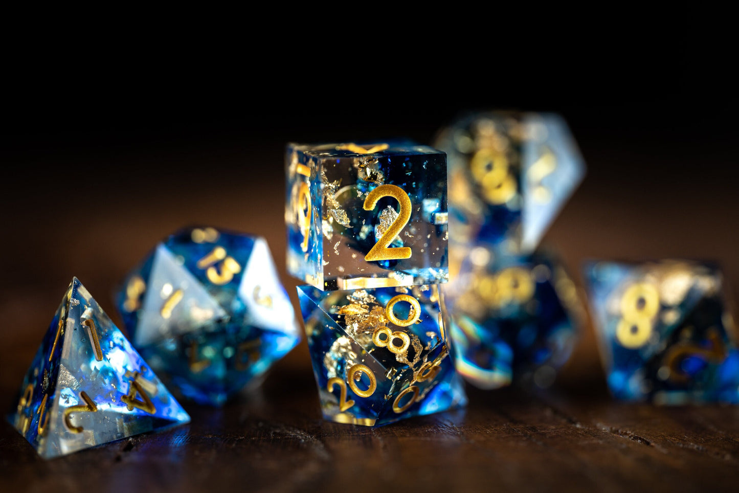 Starry Night Polyhedral Space Dice Set: Sharp Edge Resin Glitter Dice for DnD in Blue and Gold