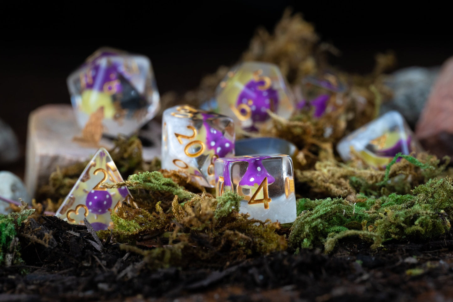 Shroom of Doom Purple Mushroom Dice Set: Cute Polyhedral DnD Dice for Druids - Unique Gift for Dungeons and Dragons Players