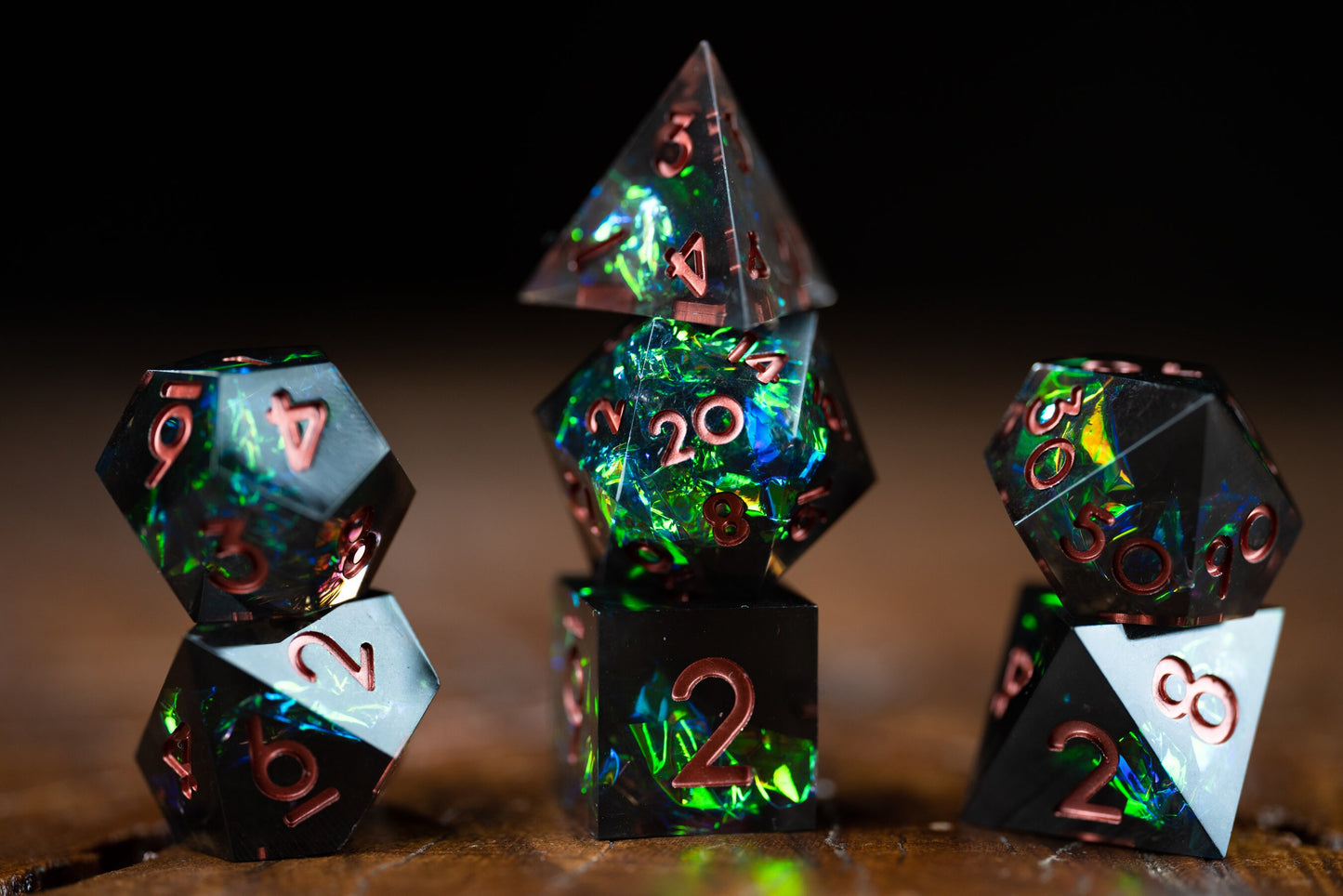 Emerald Nebula Space Dice Set: Sharp Edge Polyhedral D&D Dice in Green Galaxy Resin