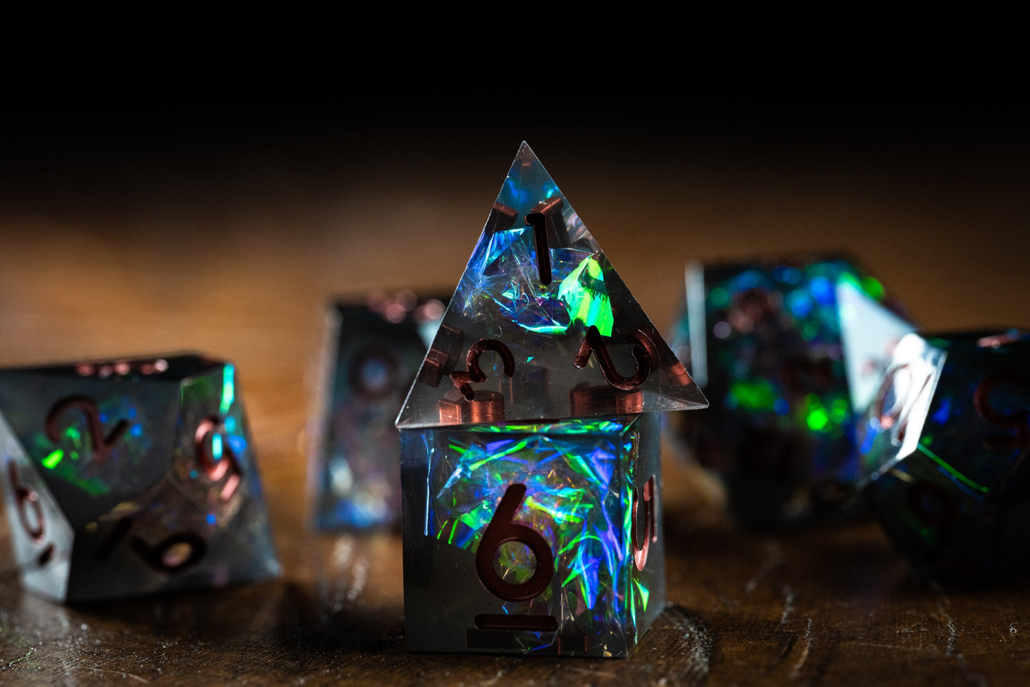 Emerald Nebula Space Dice Set: Sharp Edge Polyhedral D&D Dice in Green Galaxy Resin