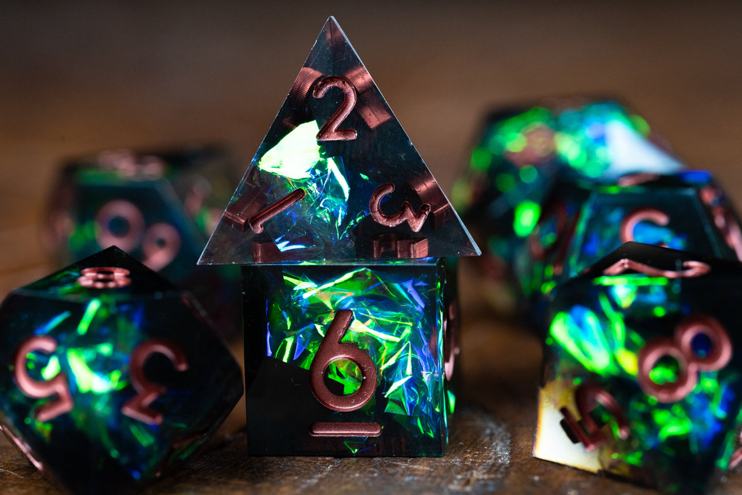 Emerald Nebula Space Dice Set: Sharp Edge Polyhedral D&D Dice in Green Galaxy Resin