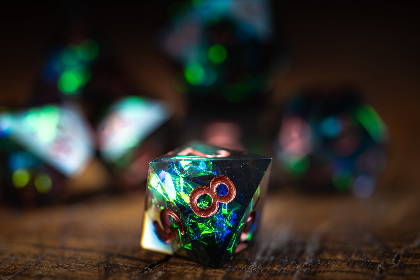 Emerald Nebula Space Dice Set: Sharp Edge Polyhedral D&D Dice in Green Galaxy Resin