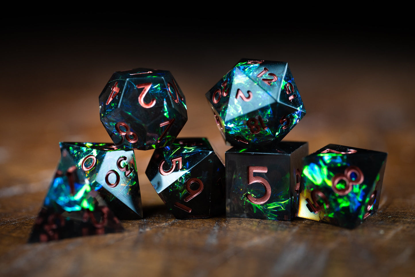 Emerald Nebula Space Dice Set: Sharp Edge Polyhedral D&D Dice in Green Galaxy Resin