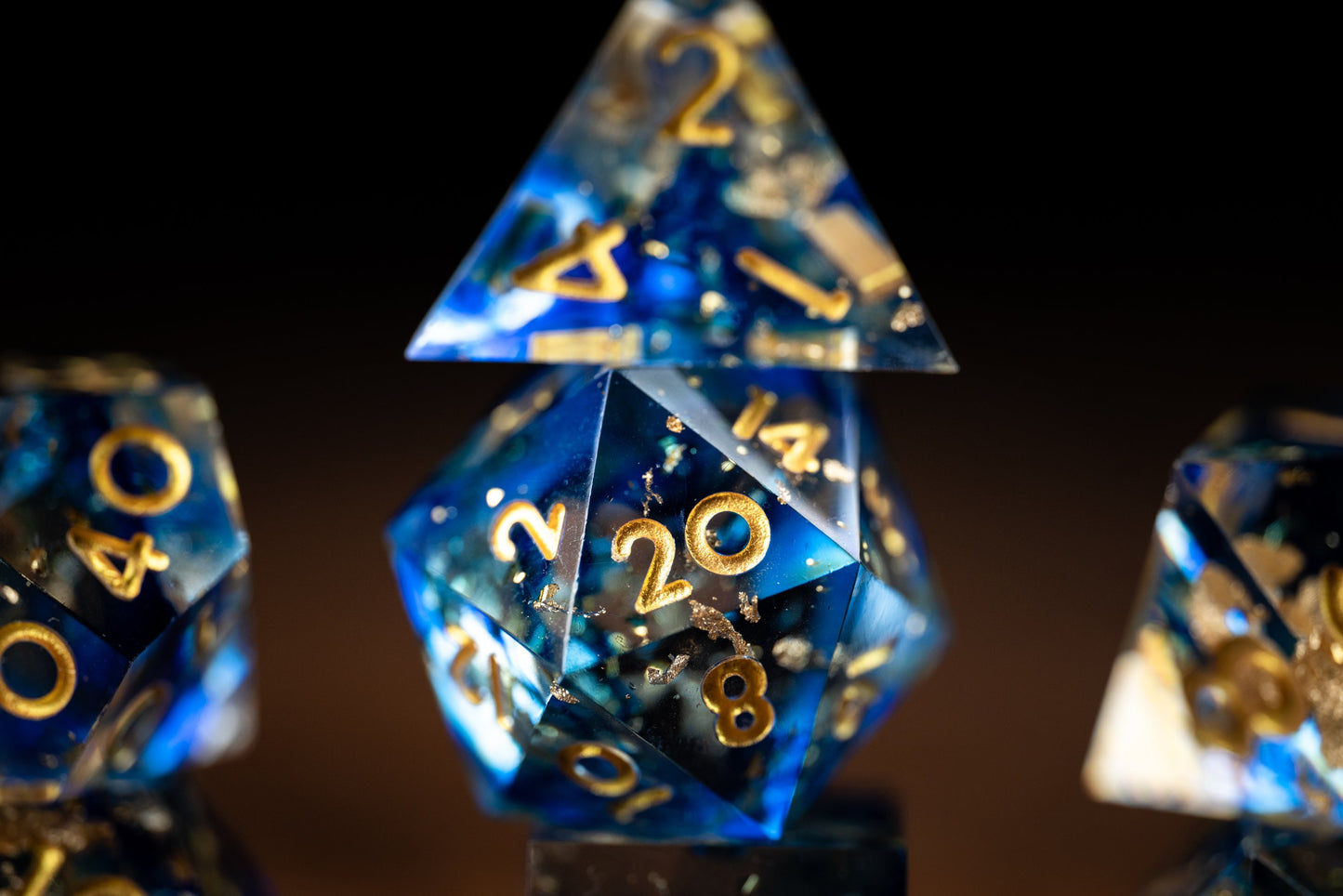 Starry Night Polyhedral Space Dice Set: Sharp Edge Resin Glitter Dice for DnD in Blue and Gold