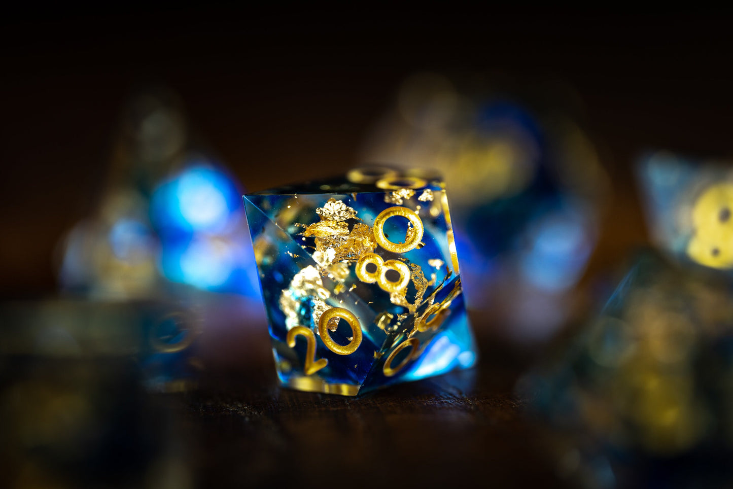 Starry Night Polyhedral Space Dice Set: Sharp Edge Resin Glitter Dice for DnD in Blue and Gold