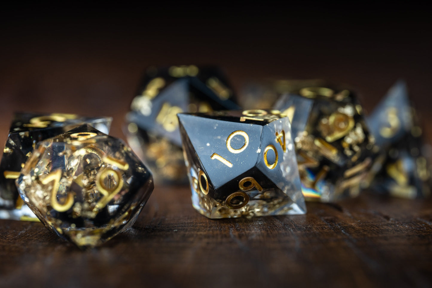 Galaxy Glitter: Polyhedral Dice Set for DnD & TTRPG - Sharp Edge Resin Dice in Black and Gold