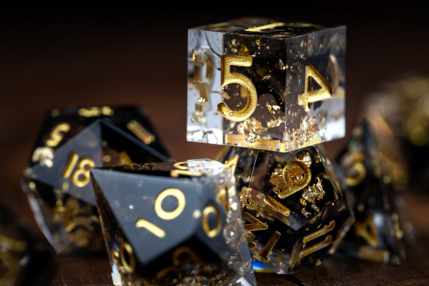 Galaxy Glitter: Polyhedral Dice Set for DnD & TTRPG - Sharp Edge Resin Dice in Black and Gold