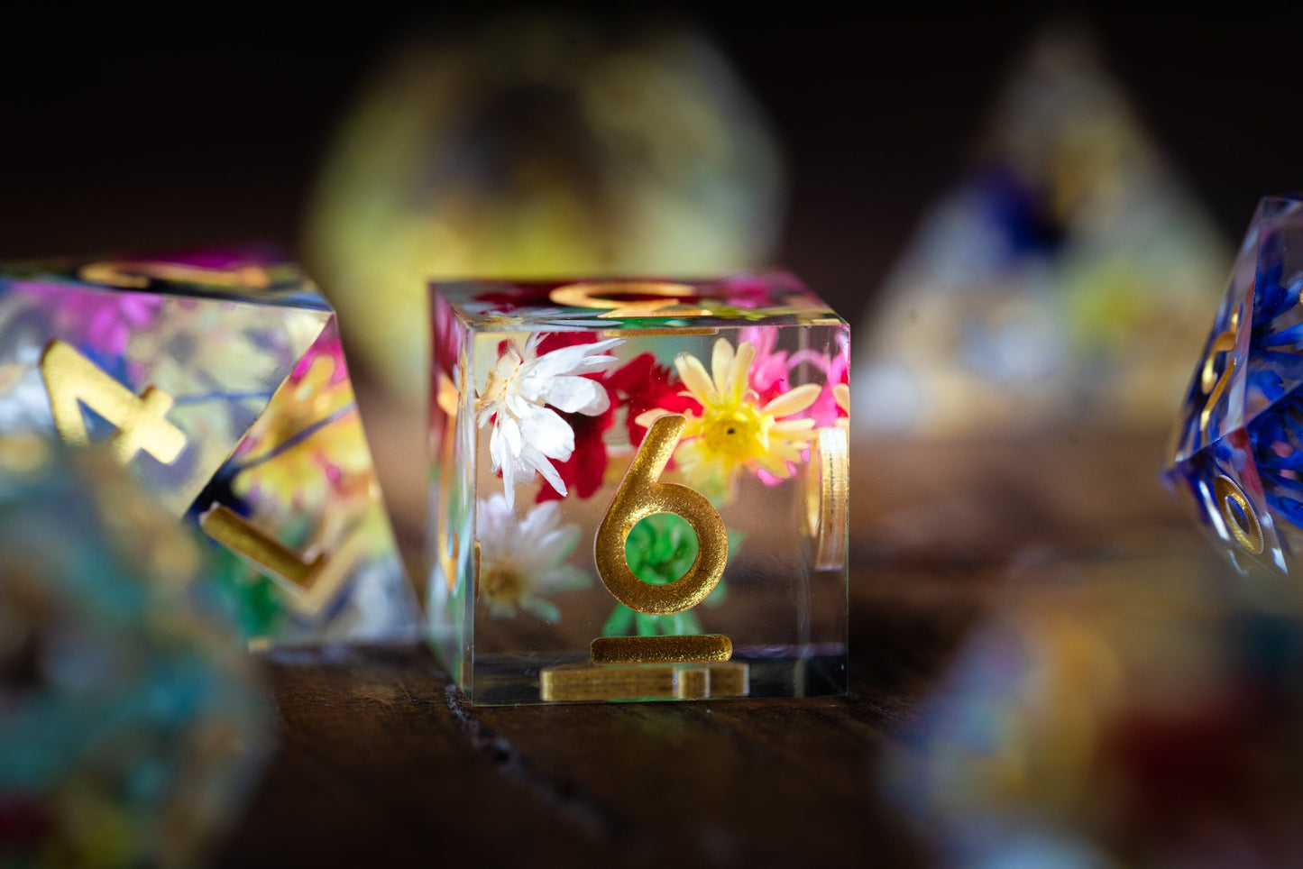 Floral Fates Flower Dice Set: Sharp Edge Polyhedral DnD Dice with Floral Design - Premium Resin Dice for Dungeons & Dragons