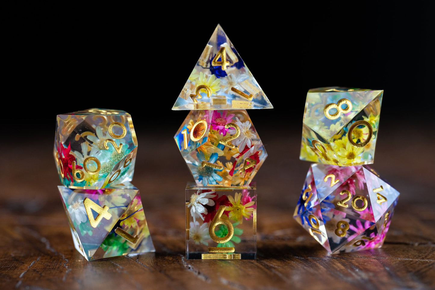 Floral Fates Flower Dice Set: Sharp Edge Polyhedral DnD Dice with Floral Design - Premium Resin Dice for Dungeons & Dragons