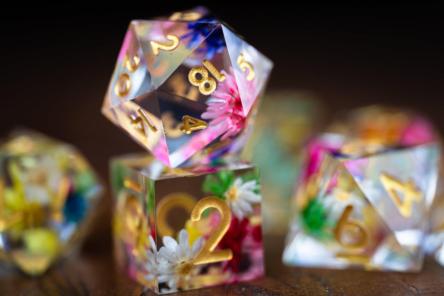 Floral Fates Flower Dice Set: Sharp Edge Polyhedral DnD Dice with Floral Design - Premium Resin Dice for Dungeons & Dragons