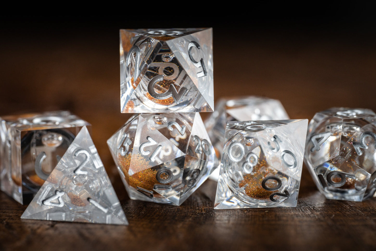 Amber Nova Liquid Core Dice Set: Orange Space Dice with Sharp Edges and Glitter - Premium Polyhedral DnD Dice for Dungeons and Dragons