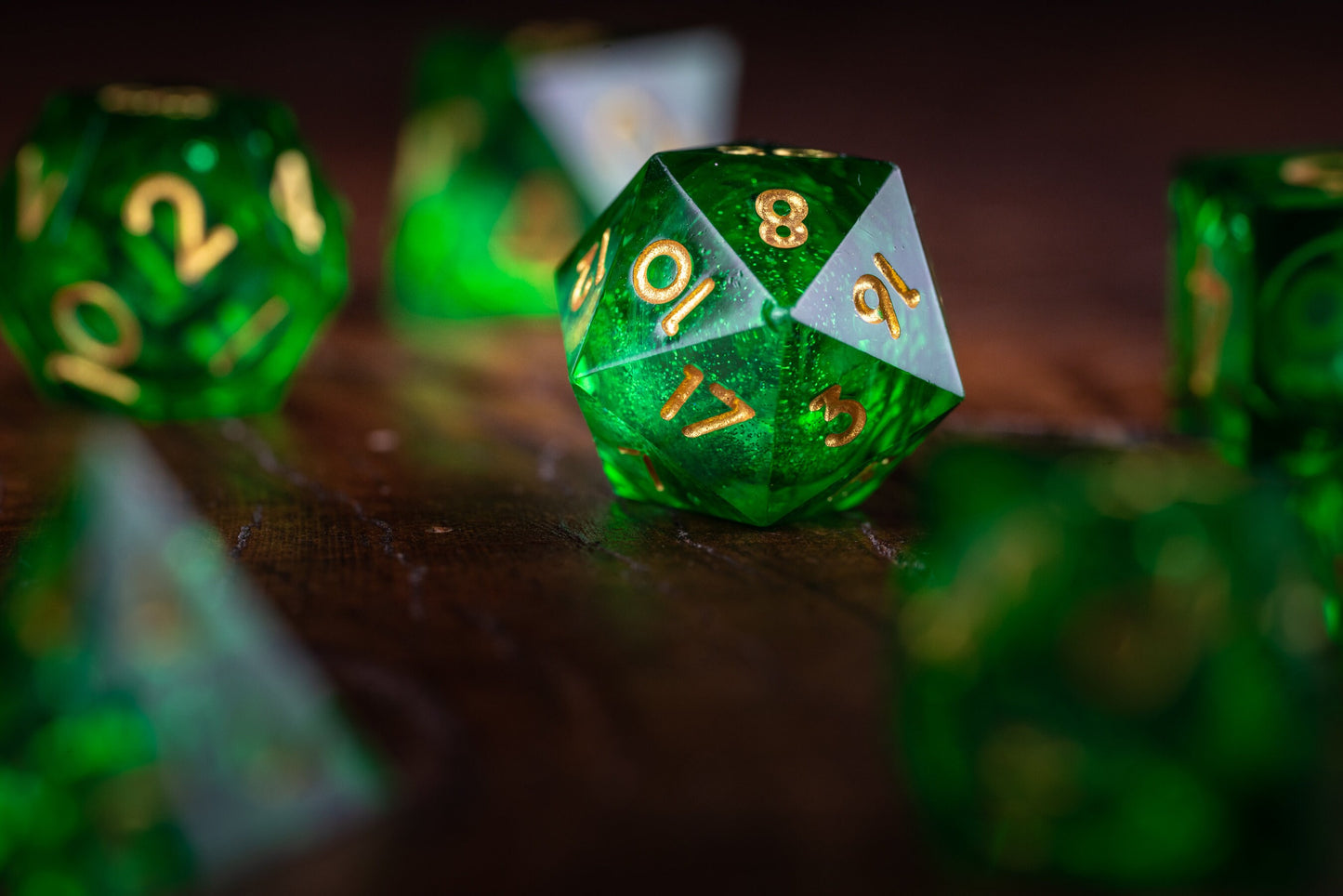 Galactic Emerald Liquid Core Dice Set: Green Space Dice with Sharp Edges and Glitter - Premium Polyhedral DnD Dice for Dungeons and Dragons