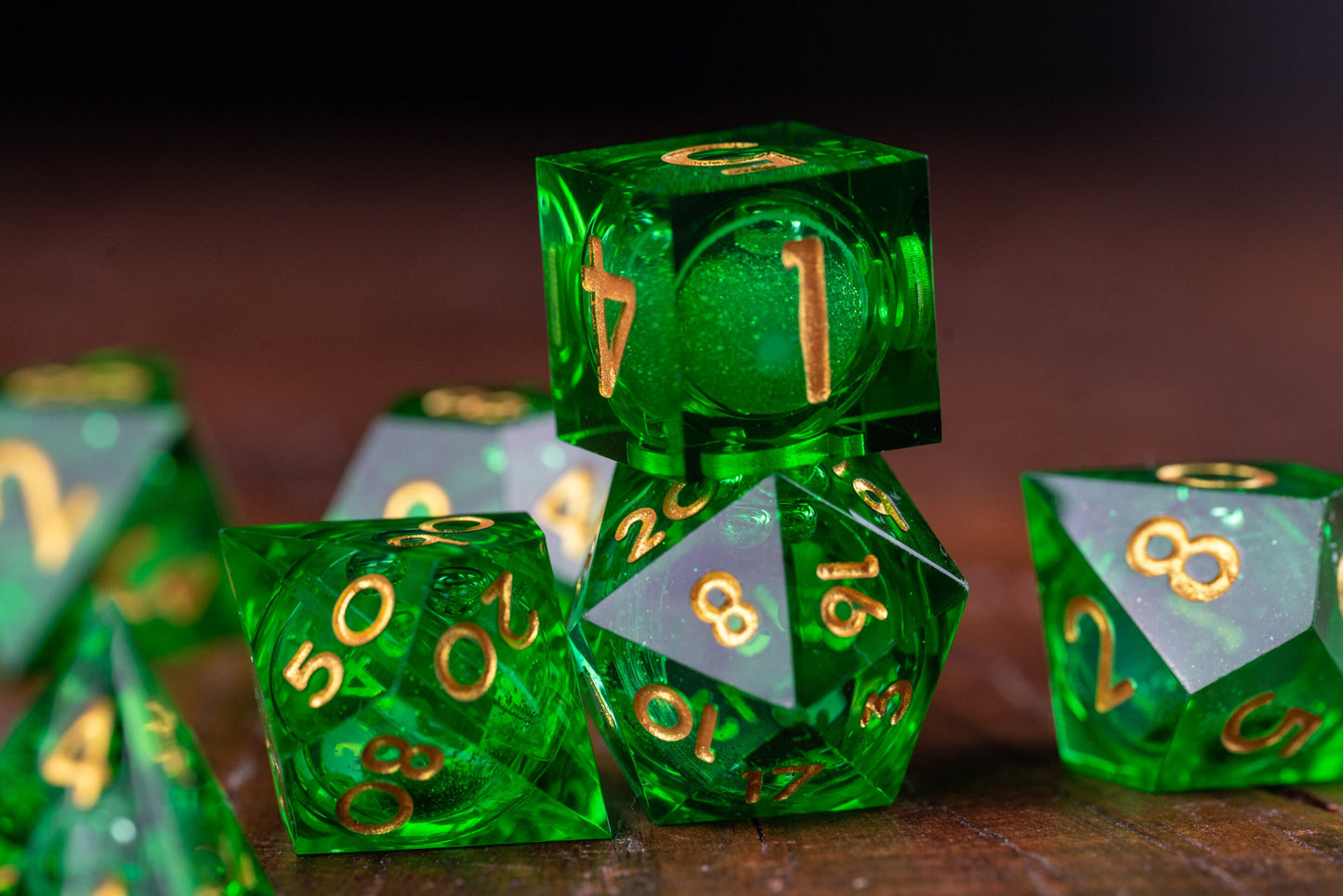 Galactic Emerald Liquid Core Dice Set: Green Space Dice with Sharp Edges and Glitter - Premium Polyhedral DnD Dice for Dungeons and Dragons