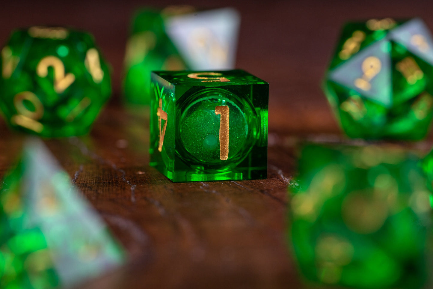 Galactic Emerald Liquid Core Dice Set: Green Space Dice with Sharp Edges and Glitter - Premium Polyhedral DnD Dice for Dungeons and Dragons