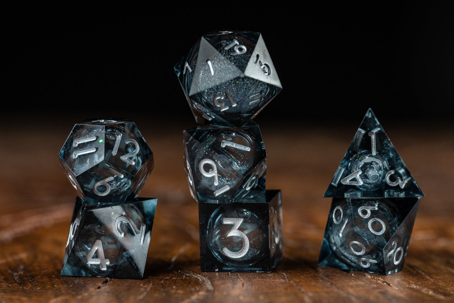 Shadow Nebula Black Dice Set: Sharp Edge Polyhedral Liquid Core Dice with Glitter - Premium Space DnD Dice for Dungeons and Dragons