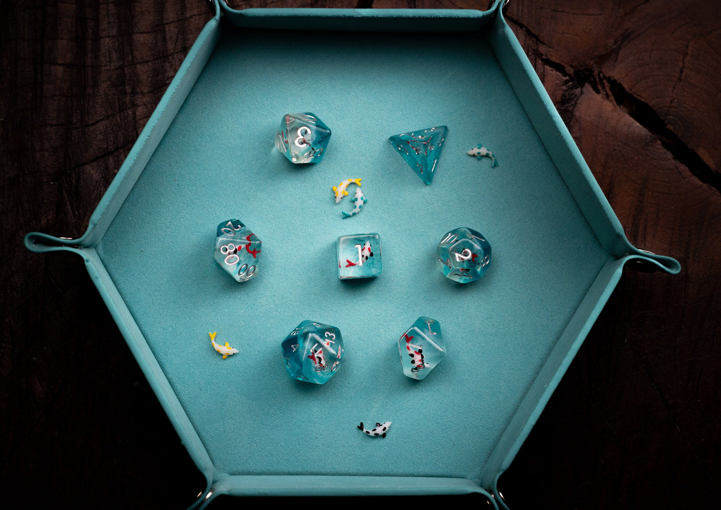 Cute Koi Fish Dice Set with Koi Pond Tray: Polyhedral DnD Dice for Ocean-Themed Games - Perfect Gift for Dungeons and Dragons Players