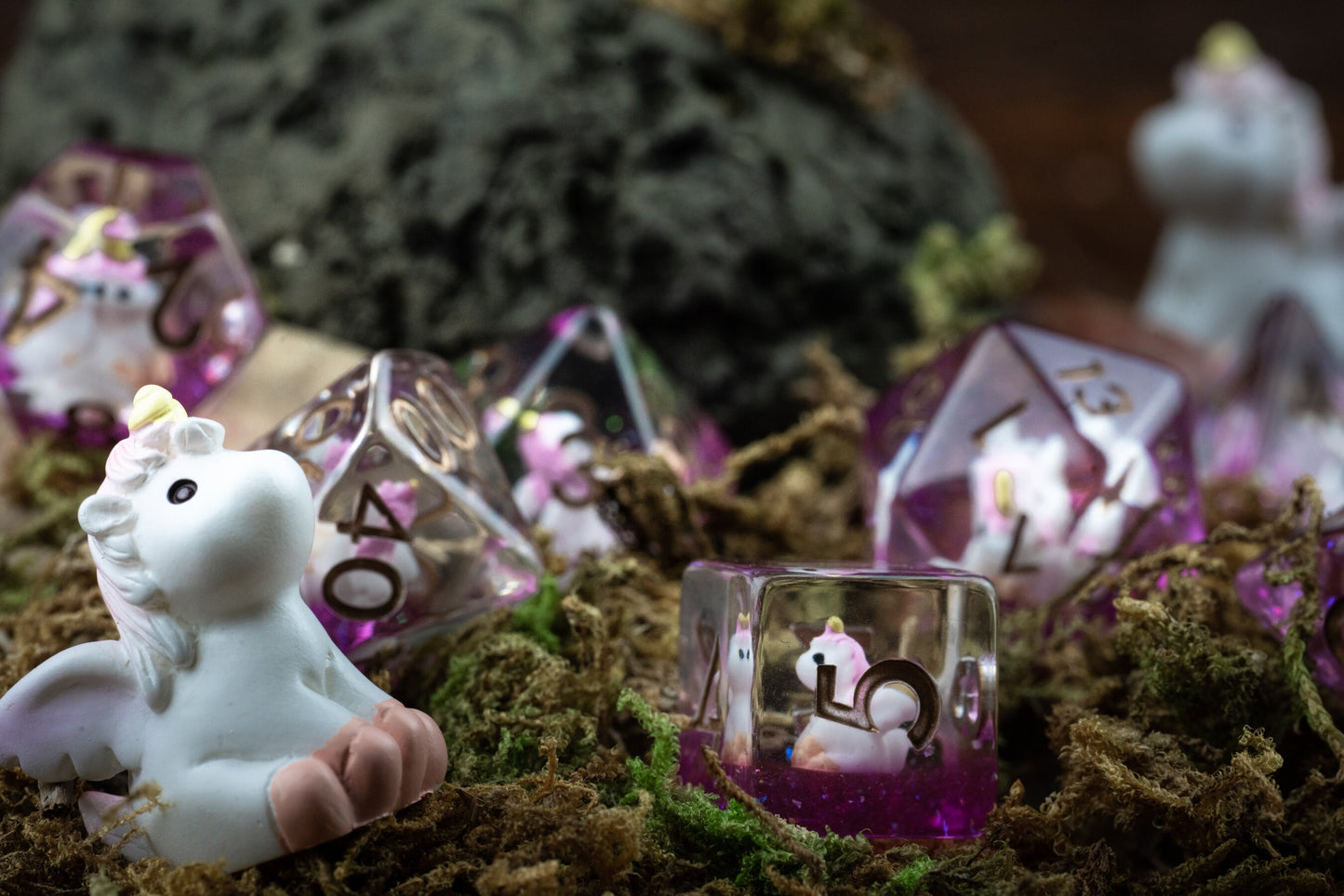 Mystic Blush Unicorn Dice Set: Cute Polyhedral DnD Dice for Enchanting Adventures