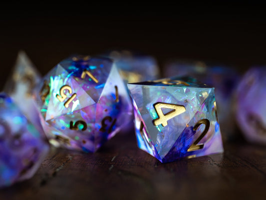 Purple Nebula Space Dice Set: Polyhedral Sharp Edge D&D Resin Galaxy Dice