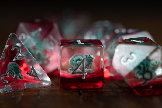 Slow Death Red Snail Dice Set: Cute Polyhedral DnD Dice with Bloody Accents - Perfect Gift for Gamers