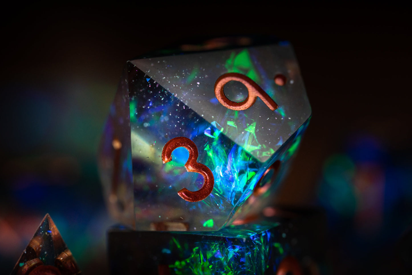 Nebula Mist Space Dice Set: Sharp Edge Polyhedral Resin Galaxy Dice with Glitter - Blue and green DnD Dice for Cosmic Adventures