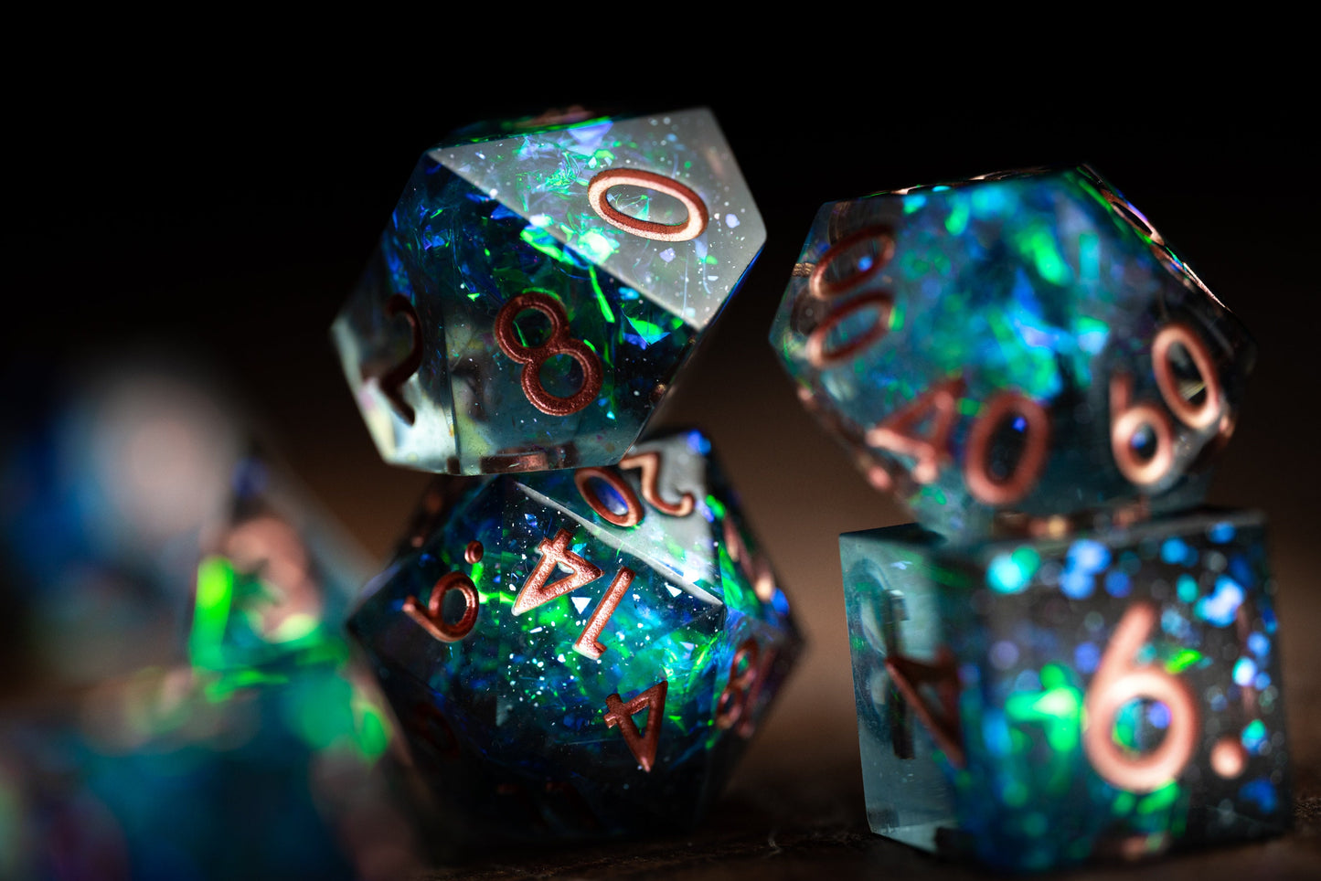 Nebula Mist Space Dice Set: Sharp Edge Polyhedral Resin Galaxy Dice with Glitter - Blue and green DnD Dice for Cosmic Adventures