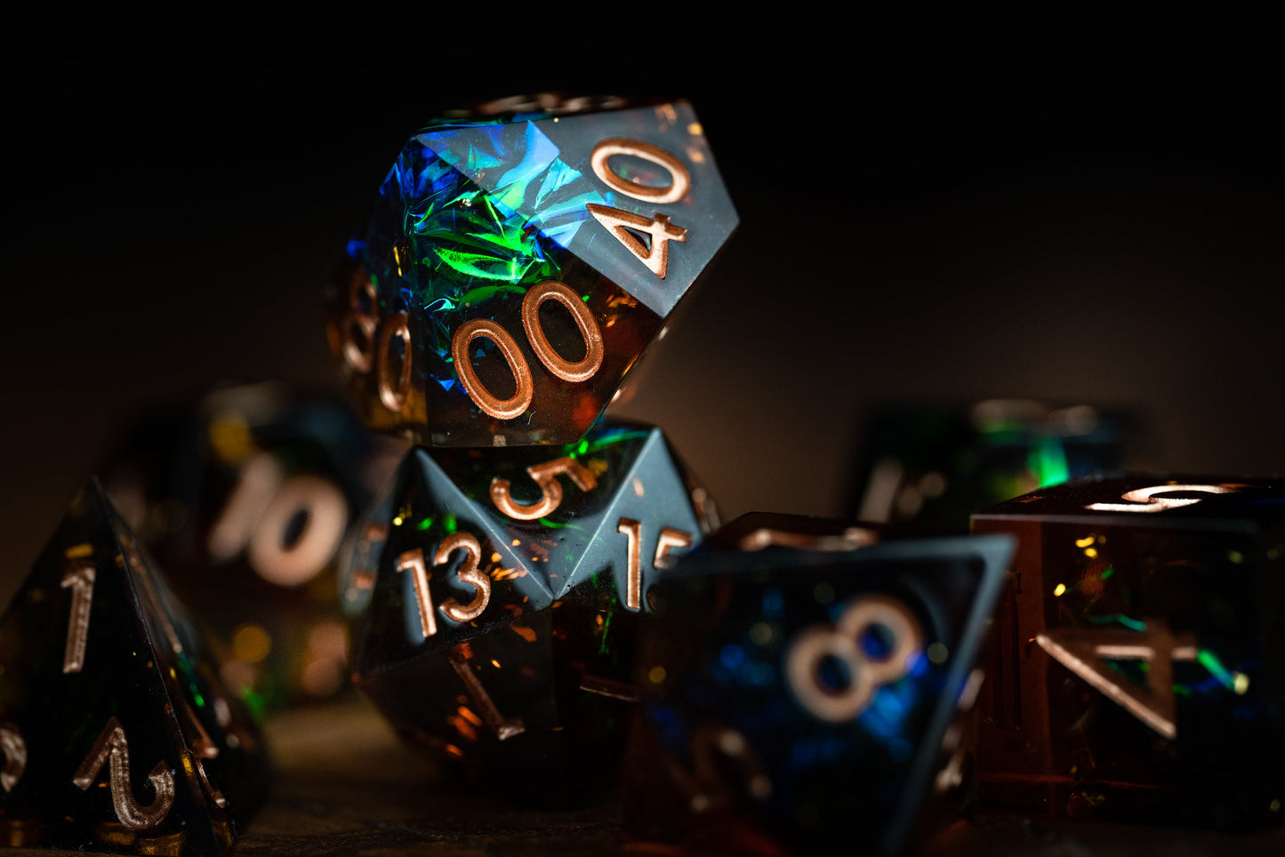 Event Horizon Burst Space Dice Set: Sharp Edge Polyhedral DnD Resin Glitter Dice